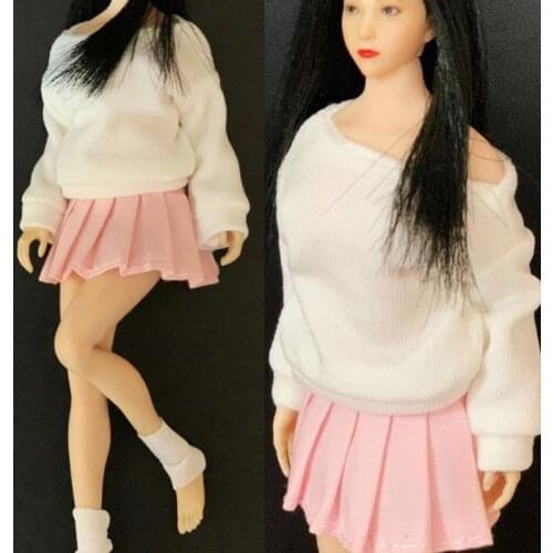 1/12 Scale Female White Long Sleeve t-Shirt With Pink Pleated Skirt Set Clothing for 1:12 Action Figure Body Dolls