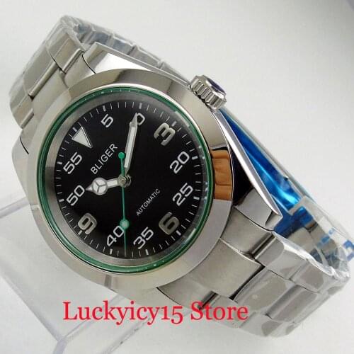 BLIGER Sapphire Crystal Black Dial Mental Strap Polished Case Automatic Movement Self Winding Mens Wristwatch