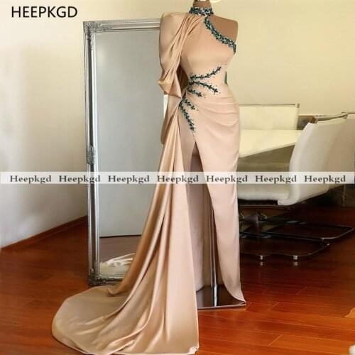 2021 New One Shoulder Sexy Evening Dress With High Slit Chic Rhinestones Satin Long Occasion Party Gowns Custom Made