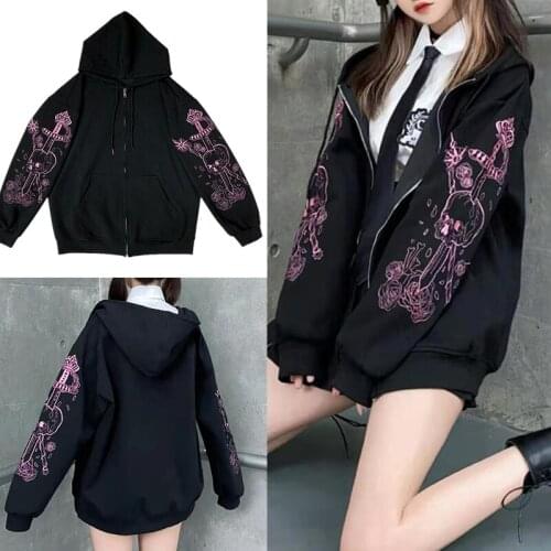 Harajuku Autumn Clothes With Zipper Hoodies Women Punk Grunge Style Long Sleeve Print Sweatshirt Oversized Black Female Jacket