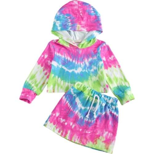 Toddler Kids Baby Girl Dress Tie-dye Long Sleeve Hooded Strap Outfits High Waist 2Pcs Outfit Set Colorful Rainbow Clothes Set