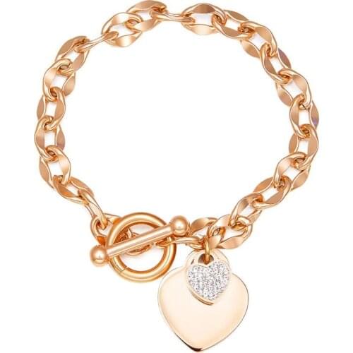 Rose Gold Color Double Heart CZ Bracelet Bangles For Women Charm Stainless Steel girl Hand Jewelry Gift OT button Dropshipping