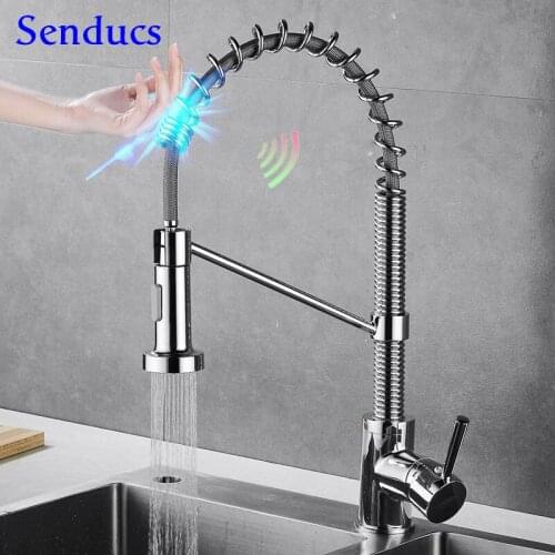 Touch Spring Kitchen Faucets Senducs Polished Chrome Pull Out Kitchen Sink Faucet Hot Cold Mixer Tap Touch Sensor Water Faucets