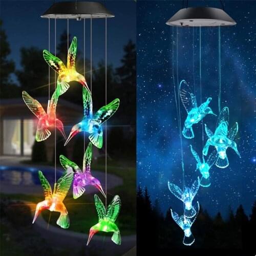 LED Solar Power Wind Chime Lamp IP65 Waterproof Crystal Windchime Solar Light Butterfly Hummingbird Outdoor Windchime Home Decor