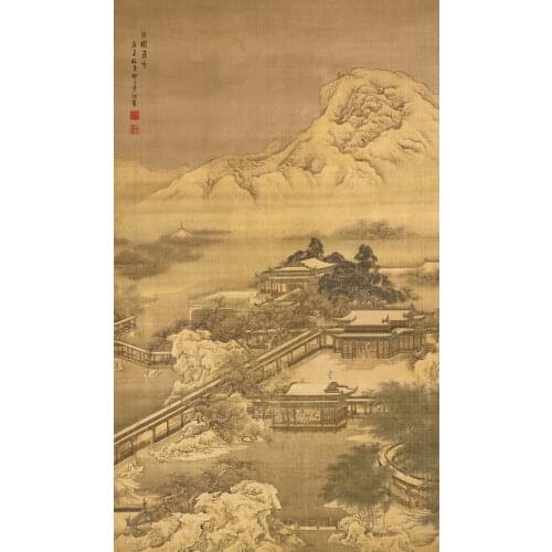 Traditional Chinese painting scenery landscape picture painting vintage poster snow in the Liang Garden Chinese scenery art