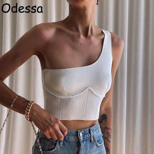 Odessa White Elegant One Shoulder Crop Tops Women Black Casual Tank Tops Ladies Fashion Knitted Vest Female Spring Summer 2021