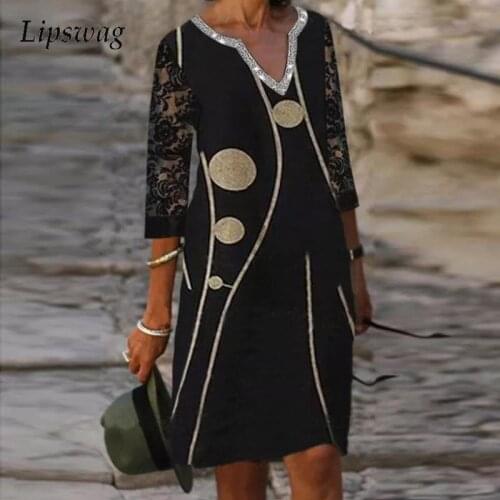 Vintage New Glitter V Neck A-Line Dress Fashion Patchwork Lace Loose Autumn Dress Women Three Quarter Sleeve Party Dress Vestido