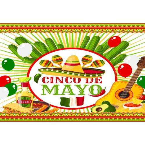 VinylBDS Photo Background Mexico Cinco de Mayo Photo Straw Hat and Cactus Backdrops for Celebration Guitar Children Background