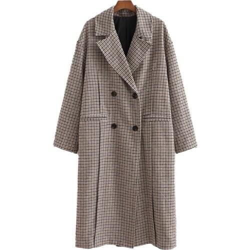 PUWD Vintage Woman Oversized Houndstooth Long Thick Coats 2020 Winter Fashion Ladies Loose Plaid Jacket Female Chic Warm Outwear