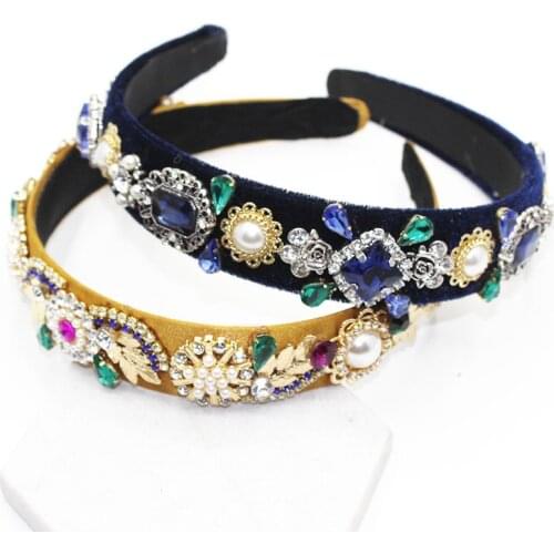 HotBaroque Headband Fashion Wild Women Head Hoop Color Rhinestone Artificial Pearl Geometric Personality Lady Hair Band Gem leaf