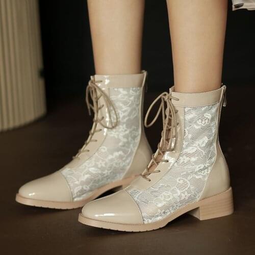 COOLULU Women Lace Summer Ankle Booties Mid Heel Boots Lace Up and Zip Ankle Booties Fashion Women Shoes Boots Size 34-43