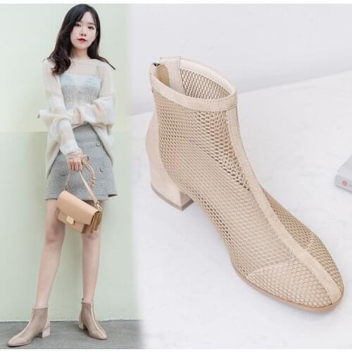 Fashion Womens Summer Round toe Hollow Mesh Ankle Boots Мартин сапоги Sandals Sexy Thick Heel Lady Platform zip Shoe Female
