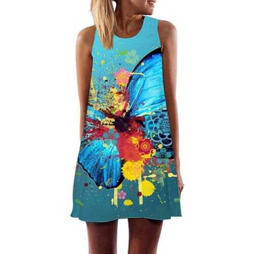 Butterfly Printed Boho Dress Women Summer Mini Dress Sleeveless Short Vintage Dress Above Knee Dresses Light Женское Платье