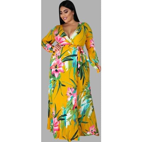 Fall Maxi Dresses for Women Long Sleeves V Neck High Waist Floral Elegant Split Vintage Plus Size Dress Wholesale Dropshipping