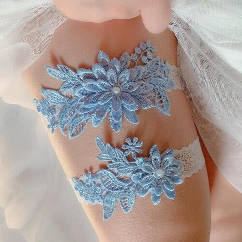 2pcs Blue Elasticized Handmade Lace Bridal Wedding Party Garter Embroidery Floral Garter Bride Thigh Ring Wedding Garter Toss