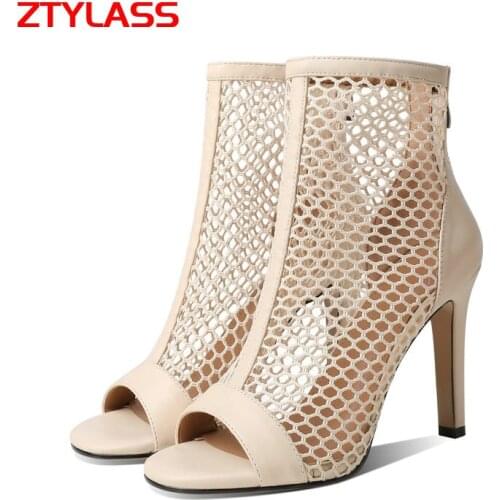 Black White Apricot Womens Shoes Summer Peep Toe Hollow Mesh Boots Sexy Thin High Heel Ankle Boots Ladies Zipper Shoes Woman