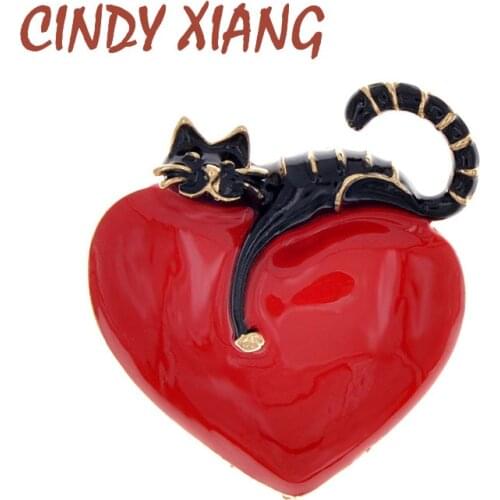 CINDY XIANG Enamel Heart And Cat Brooch Cute Kitty Pin Vivid Animal Brooches Kids Jewelry Fashion Carton Design 2 Colors Avaible