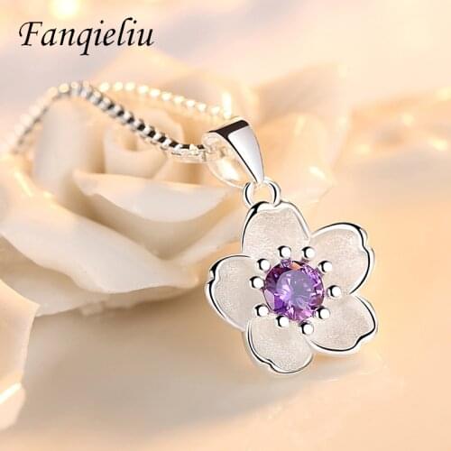 Fanqieliu Purple Crystal Pendant Jewelry Vintage Cherry Blossoms Flower Solid 925 Sterling Silver Necklace For Girl FQL21137