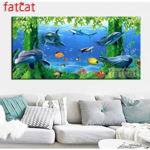 FATCAT Dolphin tree landscape Large Diy Diamond Painting Full square round drill 5d Diamond Embroidery Kits Decoration AE2991