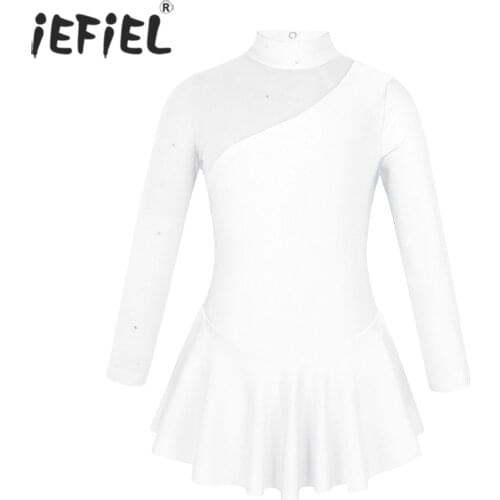 IEFiEL Kids Girls Long Sleeves Mock Neck Tulle Splice Cutouts Back Figure Ice Skating Roller Skating Ballet Dance Leotard Dress