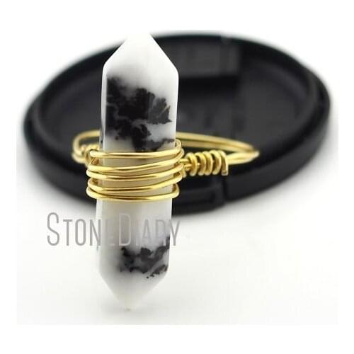 10Pcs Black And White Zebra Jaspers Ring Wire Wrapped Pure Gold Color Faceted Double Point Ring 6-8 RM13026