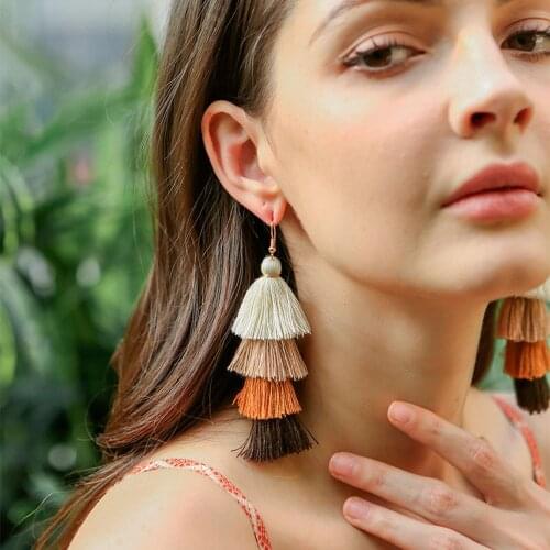 Cotton Thread Multilayer Tassel Earring Europe and America Ethnic-Style Long Ear Stud Bohemian Fashion Earrings Ornament
