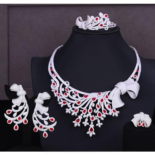 GODKI Nigerian Dubai Bridal Wedding Luxury 4 PCS Jewelry Set Necklace Dangle Earrings Bracelet Resizable Ring Bridal Wedding Set
