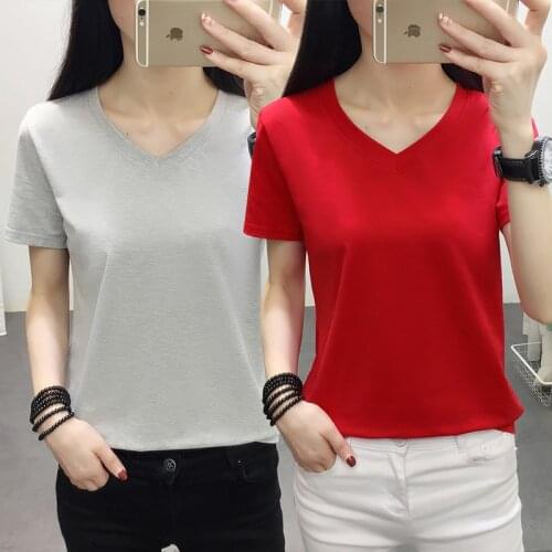 Banerdanni 2021 New Products Women Summer Clothes Solid color V-Neck Cotton Short sleeve Women Tshirt Plus Size M-5XL