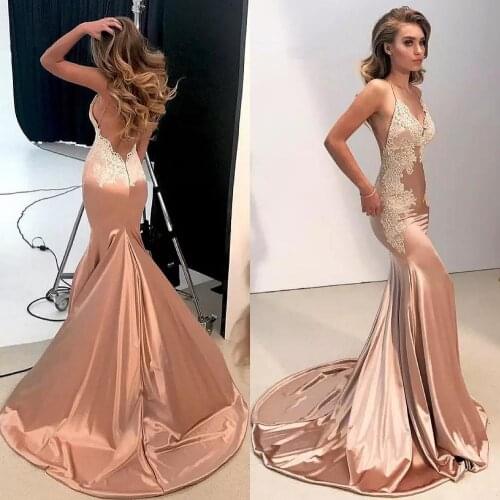 Sexy Mermaid Long Prom Dresses 2021 Spaghetti Strap Champagn Satin Open Back Evening Dress Sweep Train Lace Formal Cocktail Gown