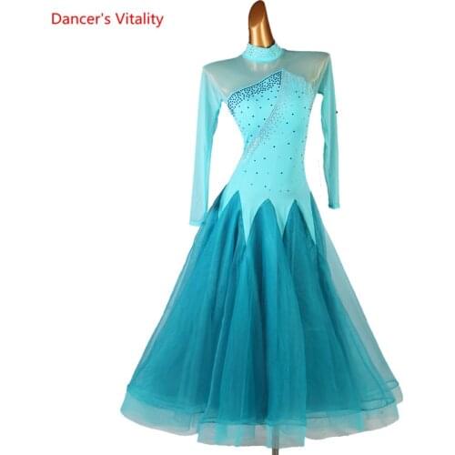 Ballroom Dance Dress Diamond Skirt Mesh Long Sleeves Performance Clothing Custom Adult Child Waltz Dancing Competition Costume