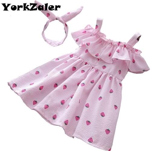 YorkZaler New Brand Girl Dress Striped Lovely Print Strawberry Summer Suit with Hairband Lotus Baby Girls Clothes Princess Dress