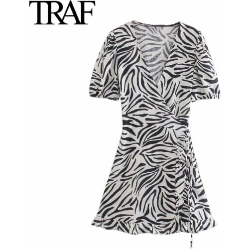 TRAF Womens Clothing Summer Short Sleeve Dress Vintage Zebra Print Mini Dress French Fashion Bubble Sleeve Bandage Dress