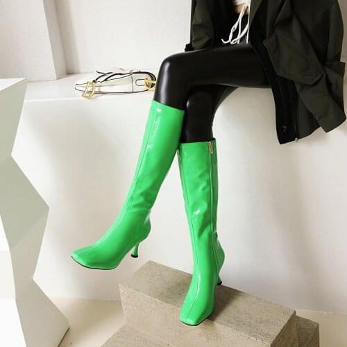 Sexy Patent Leather Thigh High Boots Women High Heels Classic Square Toe Zip Knee-High Boots Night-club Dancing Fetish Shoes 43
