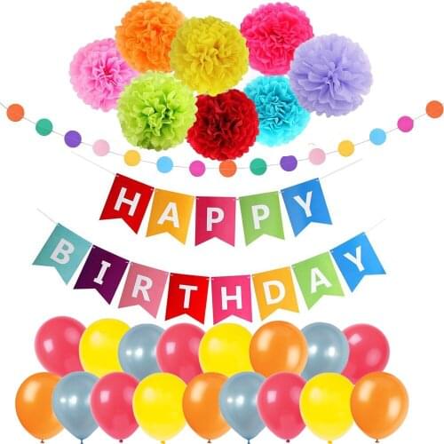 Happy Birthday Decoration Banner Colorful Paper Pom Poms Rainbow Garland Balloons for Kids Birthday Event Party Supplies Favor