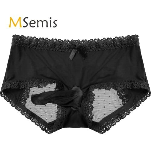 Sexy Mens Ruffled Lace Trimmings Sissy Panties Open Penis Sheath Bulge Pouch Thongs See-through Mesh Mid Waist Gay Underpants