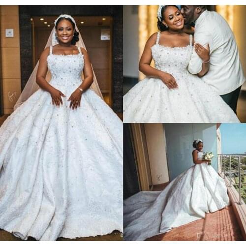 African Plus Size Ball Gown Wedding Dresses Custom Made Lace Applique Crystal Black Girl Wedding Dress Straps Luxury Bridal