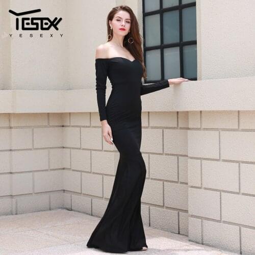 Yesexy 2021 Sexy Off Shoulder Long Bodycon dress Women Solid Color Backless Party Dress Long Sleeve Women Maxi Dress VR4680