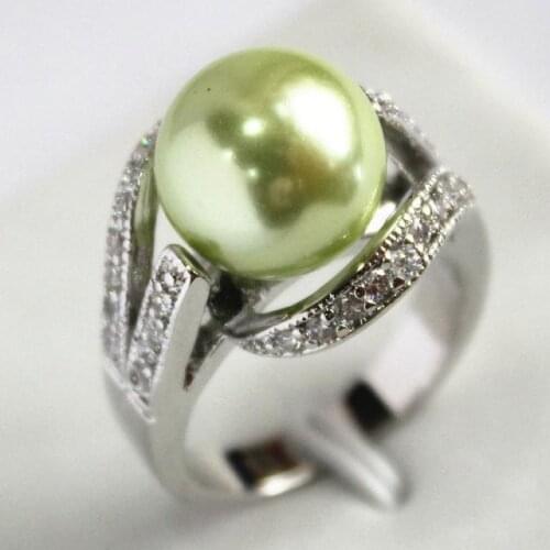 New design jewelry silver-color with crystal decorated &12mm green shell pearl ring(#7.8.9)