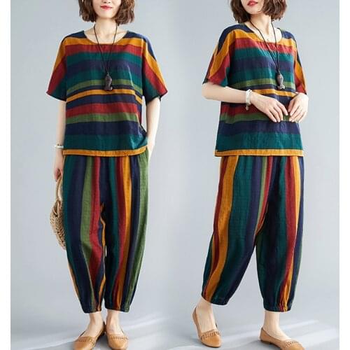 2Piece Sets Women Cotton Linen Outfits Fashion Stripe Short Sleeve O-neck Tops+Loose Harem Pants 2021Summer Casual Two Piece Set