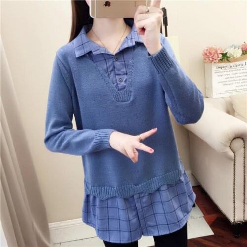 Spring Autumn Style Fake Two-piece Knitted Sweater Pullover Lady Casual Turn-down Collar Long Sleeve Knitted Pullover ZZ1000