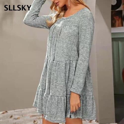 Sllsky Casual Knitted Solid Pleated Ruffled Round Neck Long-sleeved Babydoll Dress A-line Mini Women 2021 Summer New Dress