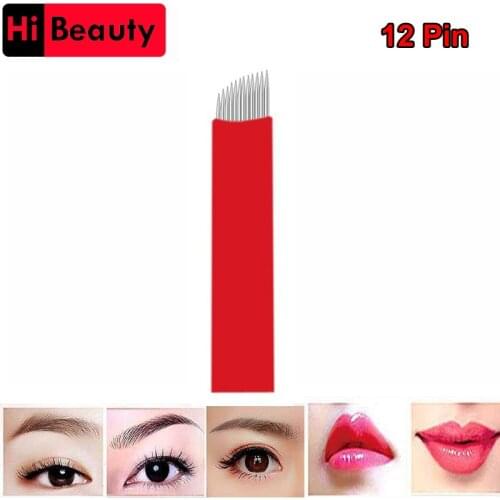 100PCS/lot Red 12 Pin Slant Microblading Tattoo Needles Micro Blades Cartridges Tips For Permanent Eyebrow Makeup Manual Pen