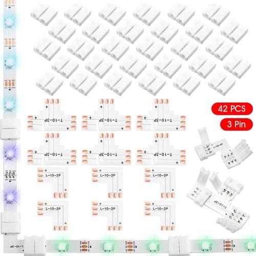 42pcs 3 Pin Led Light Strip Connector Solderless for 10mm Led Connector Adapter with Gapless Clips T/l Shape Corner Connectors