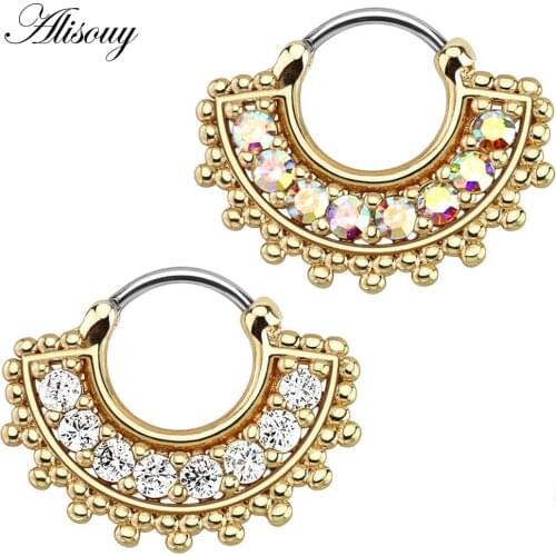 Alisouy 1pc Surgical Stainless Steel Sector Nose Piercing High Quality Zircon Septum Clicker Nose Ring Stud Fashion Body Jewelry