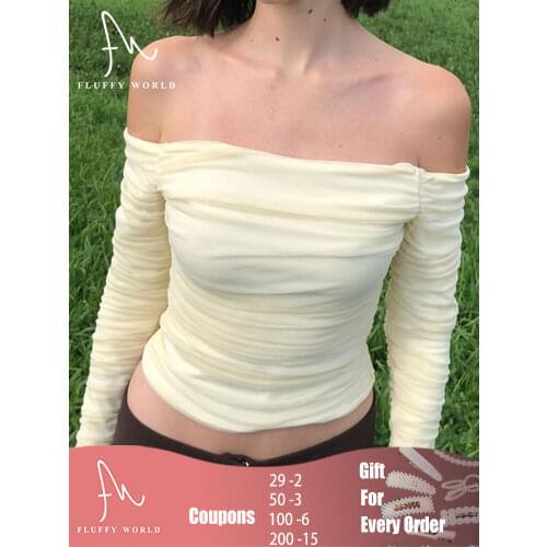 Women Yellow Ruched Mesh Blouse Long Sleeve Crop T Shirt Off Shoulder Bodycon Sexy Elegant Street Wear T-shirts Fashion Y2k Tees