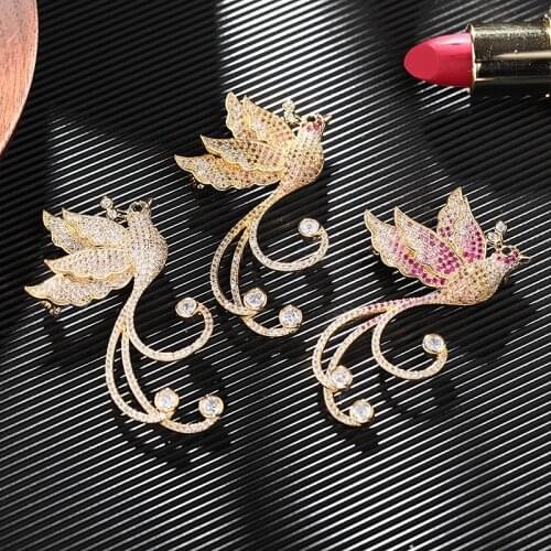 OKILY Elegant Three Color Zircon Bird Brooches for Women Coat Suit Scarf Accessories Jewelry Phoenix Brooch Pin New Year Gift