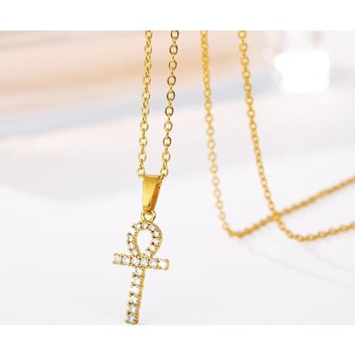 Ankh Cross Pendant Necklace Egyptian Key of Life Gold Hip Hop Jewelry Aesthetic Chain Ice out Necklaces for Men Women Jewelry