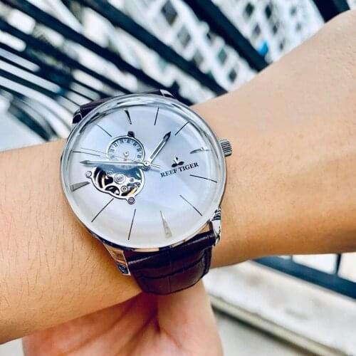 Reef Tiger/RT New Dress Men Mechanical Watches Black Leather Steel Watch Convex Lens Sapphire Glass Tourbillon Automatic Watches