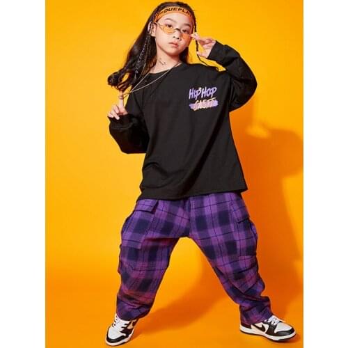 Child Hip Hop Clothing Loose Long Sleeve Sweatshirt Tops Purple Plaid Vest Casual Pants Girls Boys Jazz Dance Ballroom Clothes