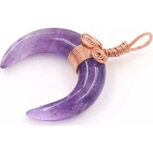 FYSL Rose Gold Color Wire Wrap Crescent Moon Amethysts Stone Pendant Clear Quartz Ethnic Style Jewelry